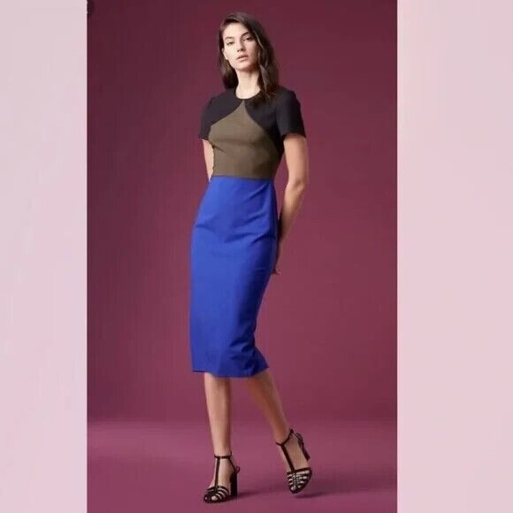 DIANE VON FURSTENBERG Colorblock Tailored Midi Dress In Electric Blue Multi 2 - Picture 1 of 9
